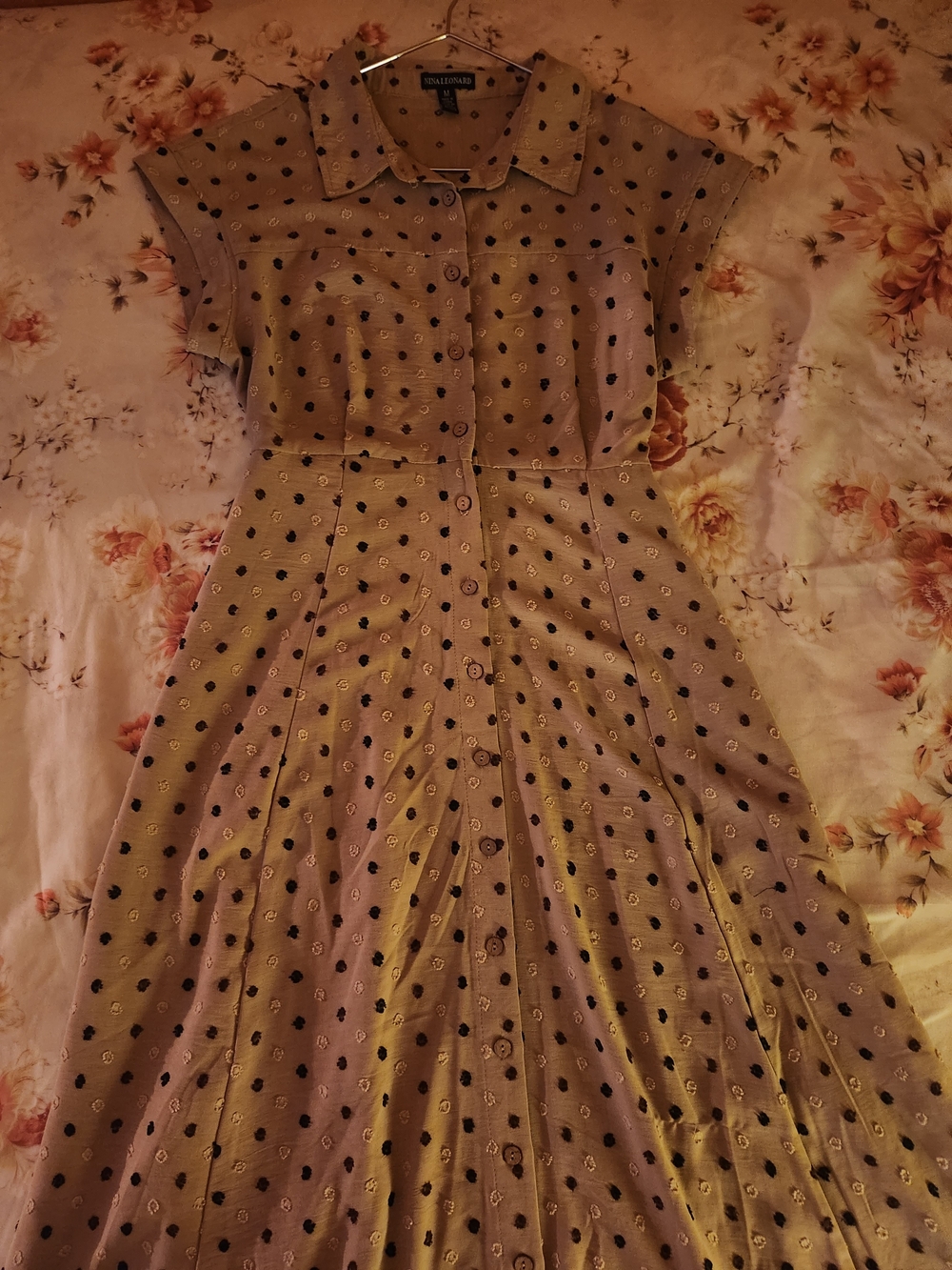 Nina Leonard Flower Pattern Beige Midi Dress with tie